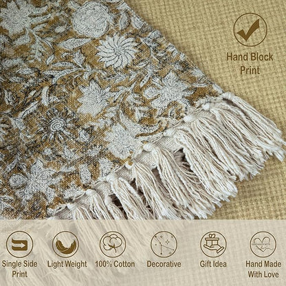 100% Pure Cotton Handblock Printed Throw Blanket, Soft 50" x 60" Fringed Floral - Image 2