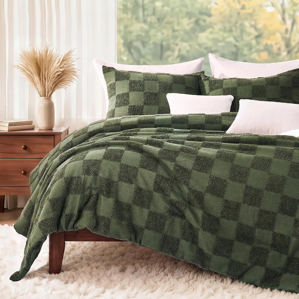 Full Comforter Set-3 Pieces Soft Boho Tufted Bed Checkered Bedding