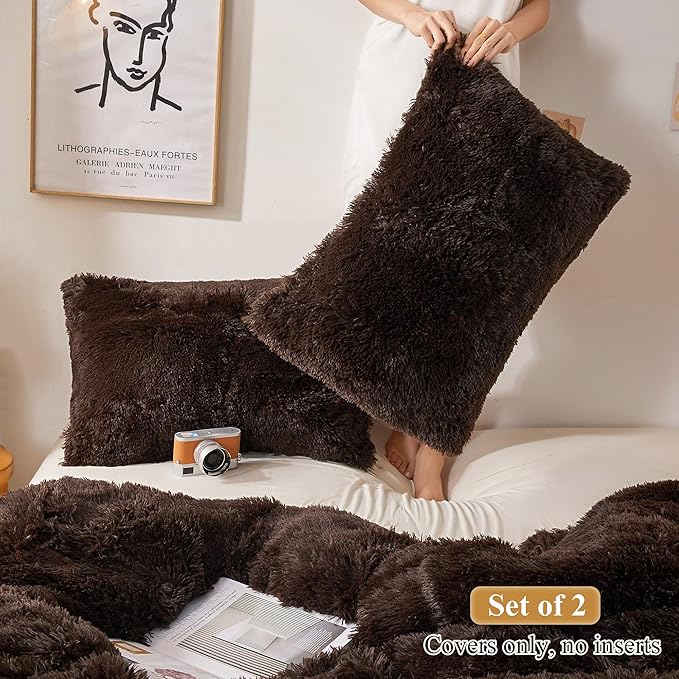XeGe Faux Fur Brown Pillow Cases, Plush Shaggy Ultra Soft Fluffy Velvet - Image 2