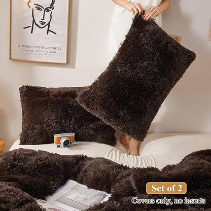 XeGe Faux Fur Brown Pillow Cases, Plush Shaggy Ultra Soft Fluffy Velvet - Image 2