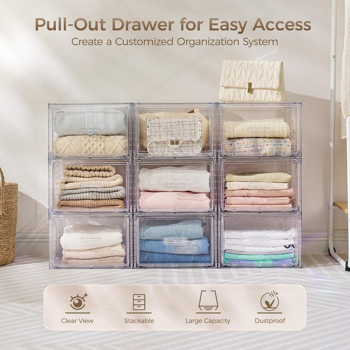 vtopmart 4 pack clear stackable closet storage drawers, close-up detail