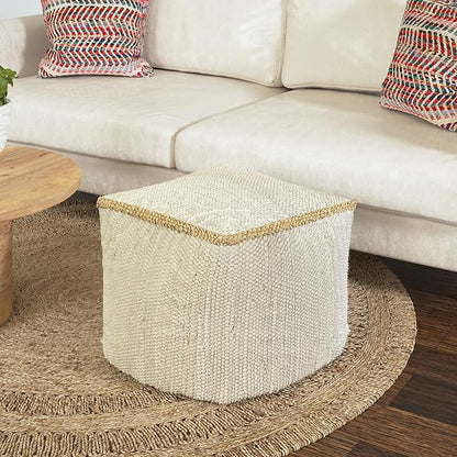 LR Home Birch/Silver Bordered Hand-Loomed Cotton Blend Cube Pouf by L.+R.+Resources%2C+Inc.