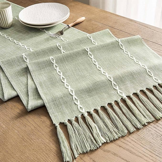 ZeeMart Farmhouse Braided Striped Table Runner, Rustic Sage Green Table Runners - Image 7