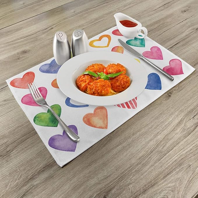 Ambesonne Grunge Place Mats Set of 4, Rainbow Color Heart Shapes Valentine's - Image 2