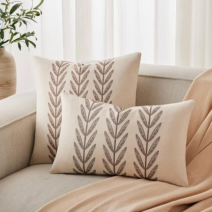 100% Cotton Farmhouse Leaves Throw Pillow Covers Set of 2, 18x18 Inch Chocolate - Image 4
