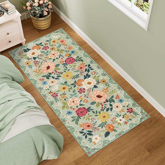 DUKINO 2x5 Runner Rug for Hallway, Washable Kitchen Floral Runner Rug by DUKINO