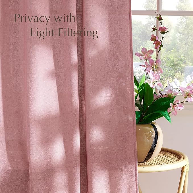 NICETOWN Linen Pink Curtains for Girls Room, Grommet Thick Flax Semi Sheer - Image 3
