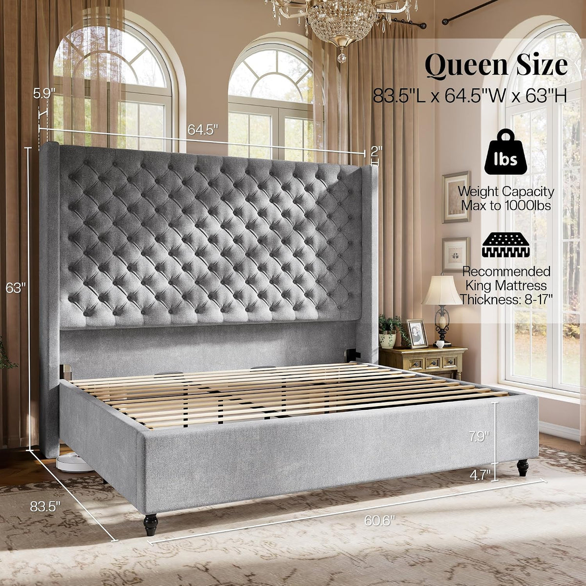 jocisland queen bed frame with 63" tall wingback shown in use