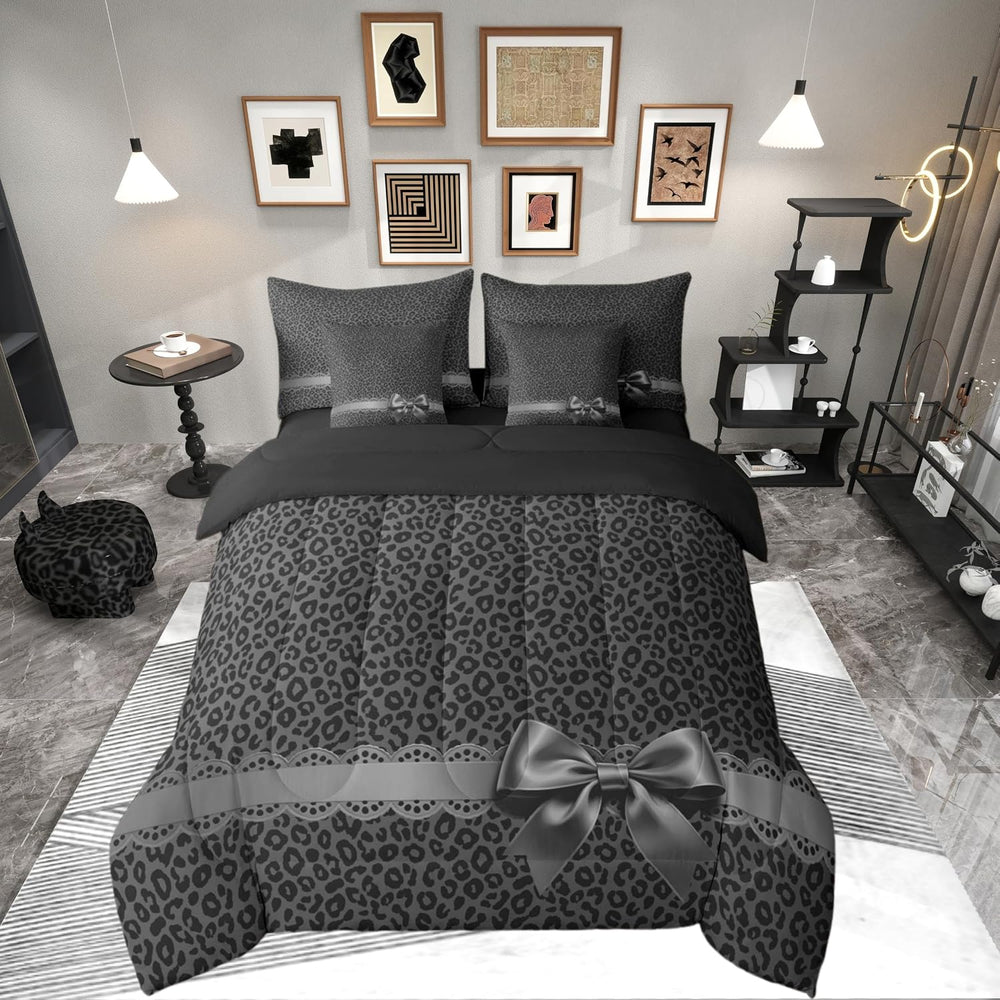 Erosebridal Leopard Print Comforter Set Queen 7 Piece Bowknot Black Cheetah
