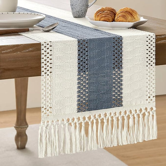 ZeeMart Macrame Style Bicolor Stitching Table Runner, 14 x 90 Inch Navy/Ivory by ZEEMARTONLINE