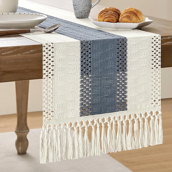ZeeMart Macrame Style Bicolor Stitching Table Runner, 14 x 108 Inch Navy/Ivory by ZEEMARTONLINE