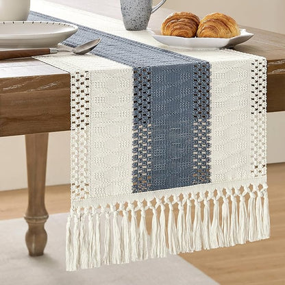 ZeeMart Macrame Style Bicolor Stitching Table Runner, 14 x 36 Inch Navy/Ivory by ZEEMARTONLINE