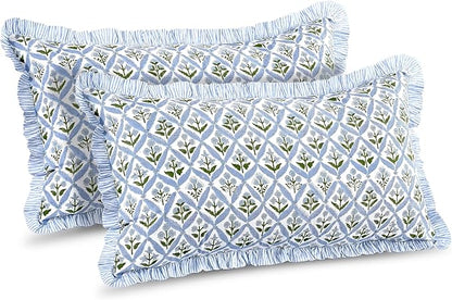 Ridhi Light Steel Blue 100% Cotton Block Print Ruffle Bed Sham Cover 20''×36'' by Ridhi