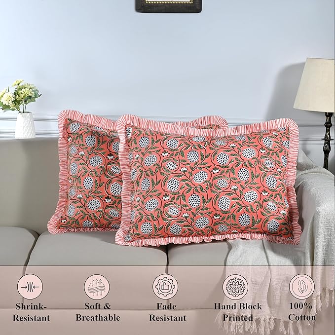 Ridhi Dark Salmon Pink 100% Cotton Block Print Ruffle Bed Sham Cover 20''×26'' - Image 6