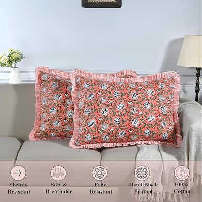 Ridhi Dark Salmon Pink 100% Cotton Block Print Ruffle Bed Sham Cover 20''×26'' - Image 6