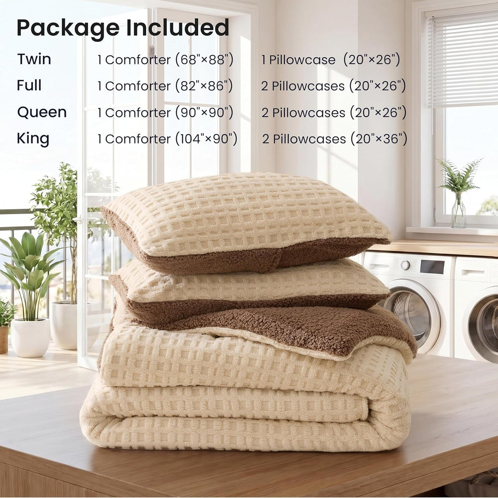 EXQ Home Taffeta Sherpa Comforter Set King 3 Pieces,Khaki&Brown