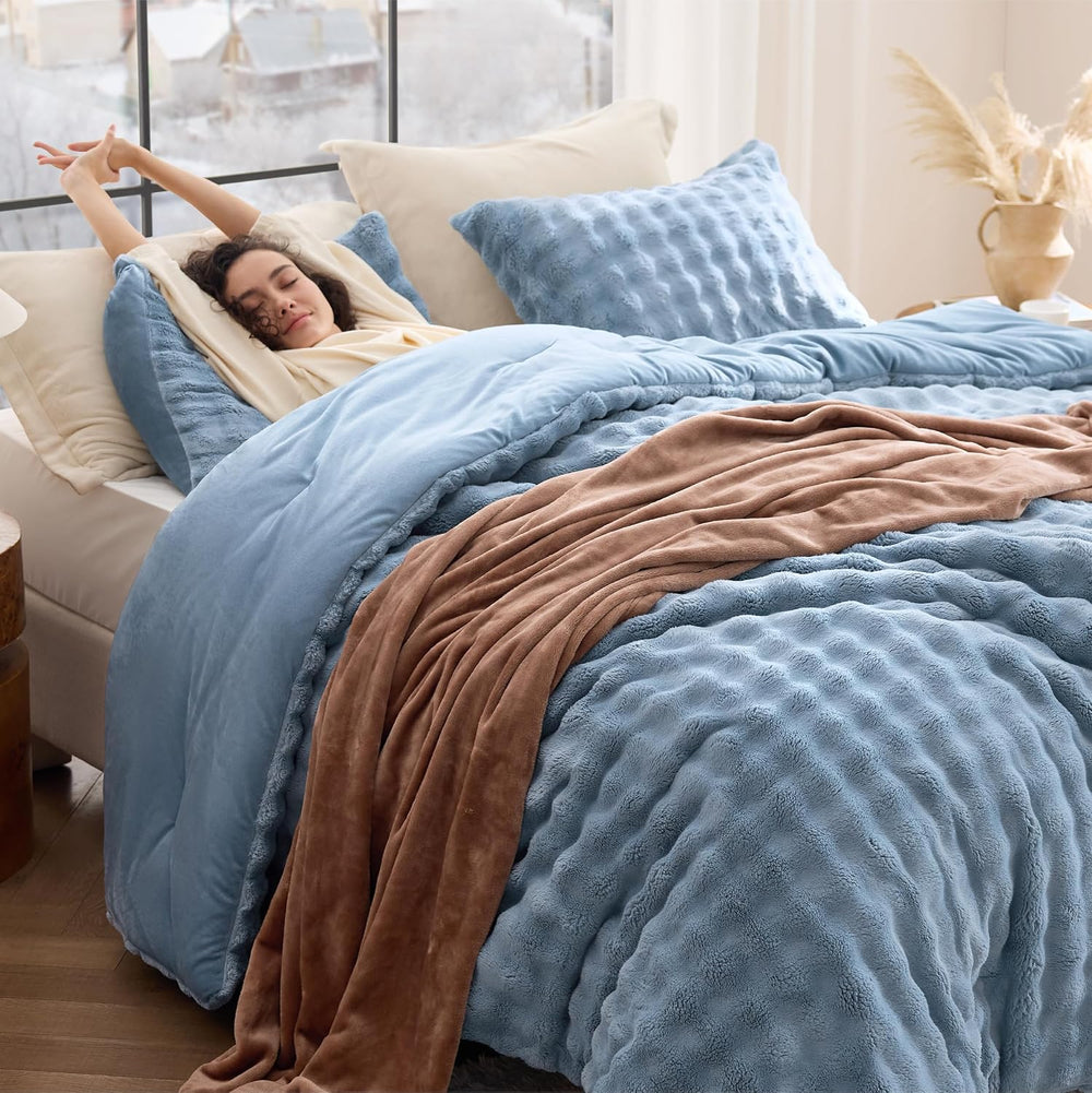 Bedsure 3D Cloud Bubble Comforter Set Fluffy Bed Set Queen Slate Blue 3 Pcs