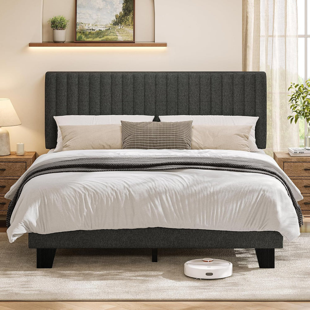 Feonase Full Size Bed Frame with Upholstered Headboard, Linen Platform Bed Fr...