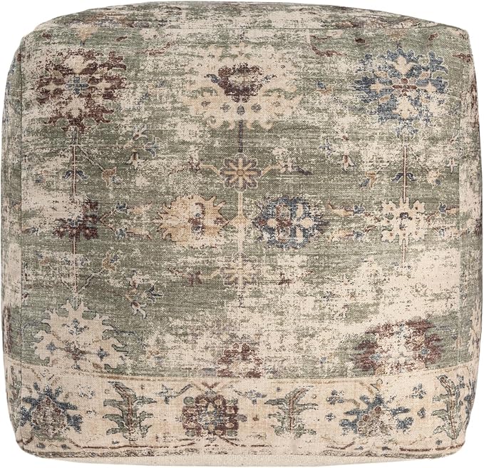LR Home Grace Vintage Floral Sage Green Square Indoor Medium Pouf Ottoman | - Image 7