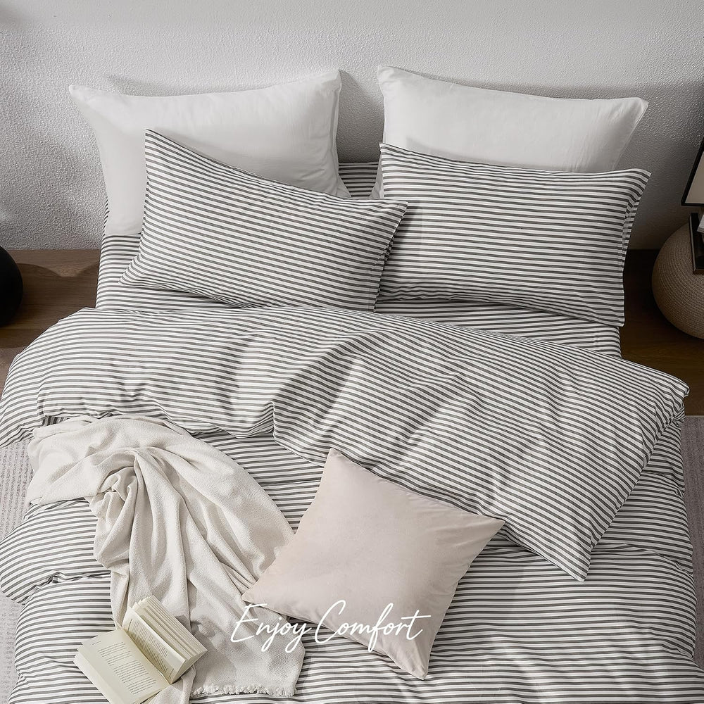JELLYMONI 100% Cotton Classic Striped Duvet Cover Queen Set, Grey