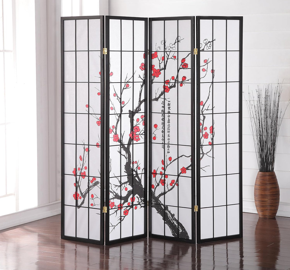 roundhill furniture black japanese 4-panel screen room divider shown in use