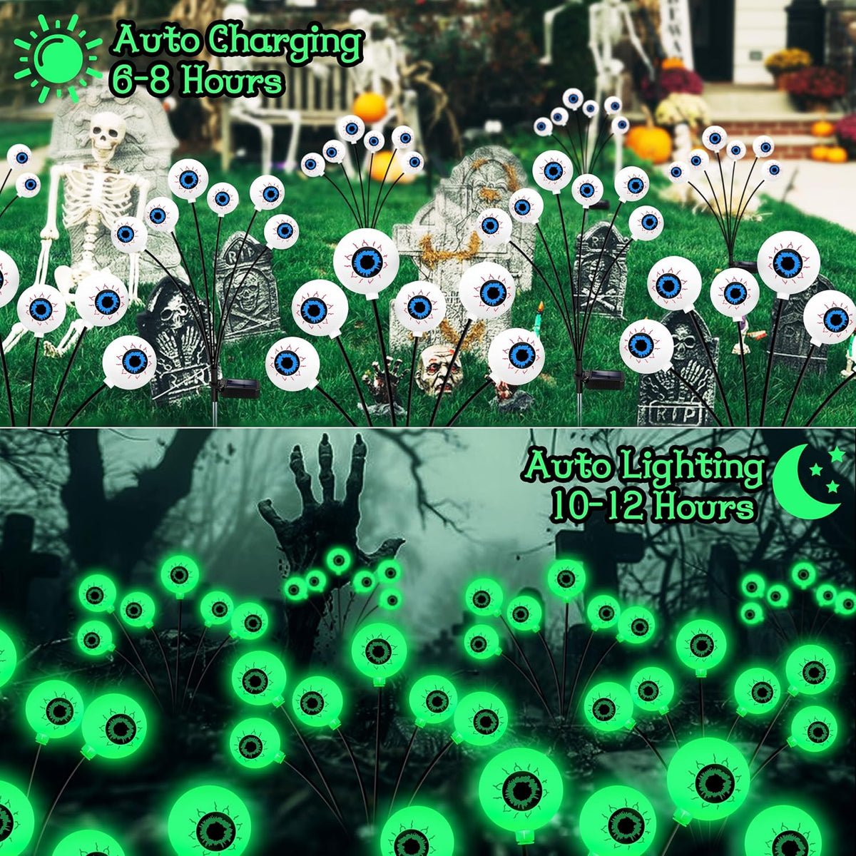 Kohlrabi Halloween Decorations Outdoor, 4 Pack 24 LED Solar Scary Eyeball Swaying Lights, Green Solar Firefly Lights Waterproof Outdoor Garden Light for Halloween Yard Garden Lawn Party Flower Bed