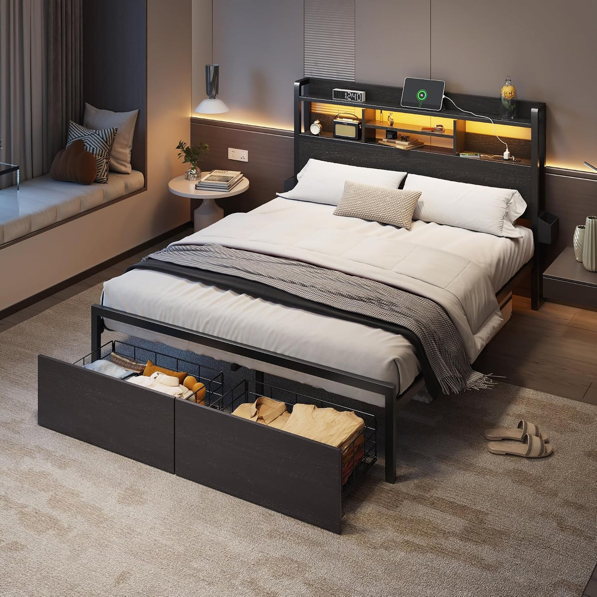 furnulem full size bed frame with headboard and, front angle view