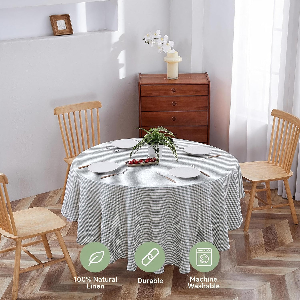 100% Yarn-Dyed Linen Round Tablecloth 70Inches for Dinners, Parties, Easter, Halloween, Camping,Thanksgiving. Machine Washable, 6-8 Seats, 70''(Round), Sage Green Stripe