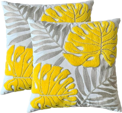 TAOSON Pack of 2, Tropical Yellow Grey Leave Pattern Embroidered Throw Pillow by TAOSON