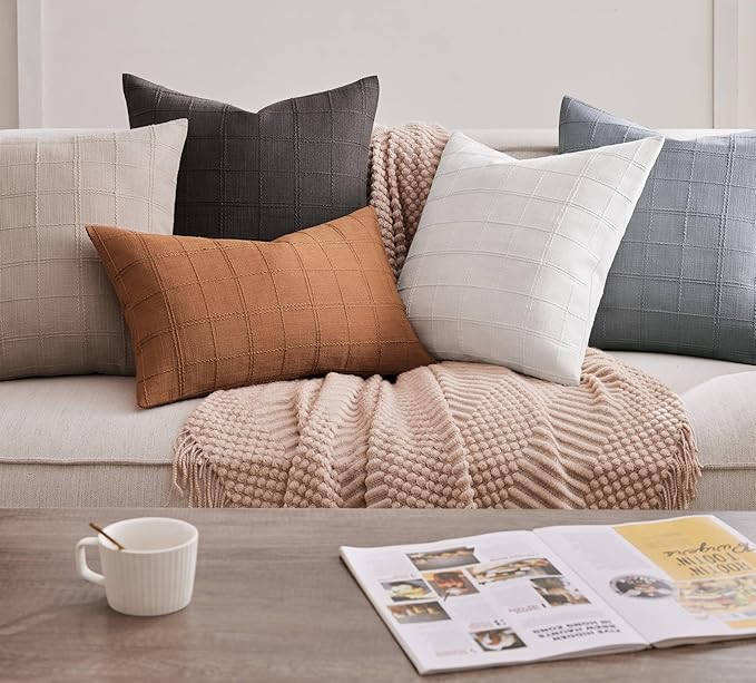 ZeeMart Linen Checked Throw Pillow Covers Set of 2, 22x22 Inch Allover Grid - Image 6