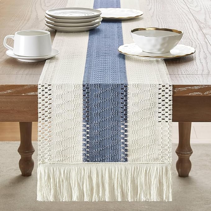 ZeeMart Macrame Style Bicolor Stitching Table Runner, 12 x 90 Inch Blue/Ivory - Image 2
