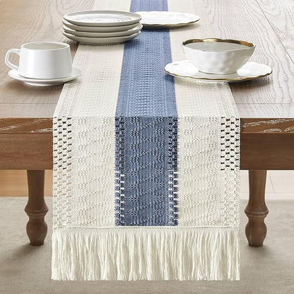 ZeeMart Macrame Style Bicolor Stitching Table Runner, 12 x 90 Inch Blue/Ivory - Image 2