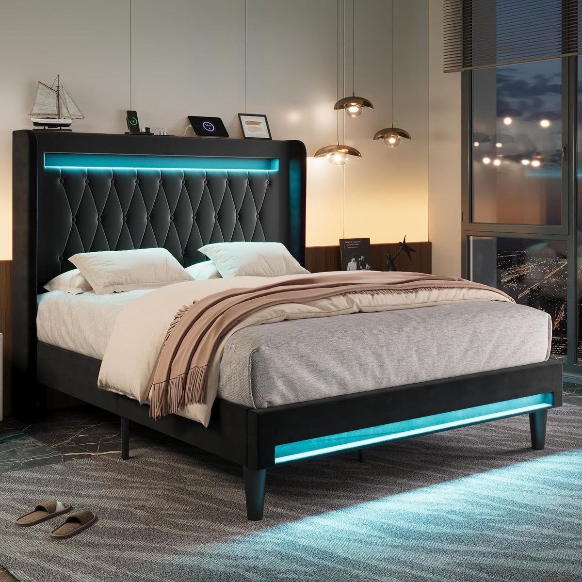 allewie queen size upholstered bed frame with led, main product view