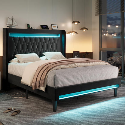 allewie queen size upholstered bed frame with led, main product view