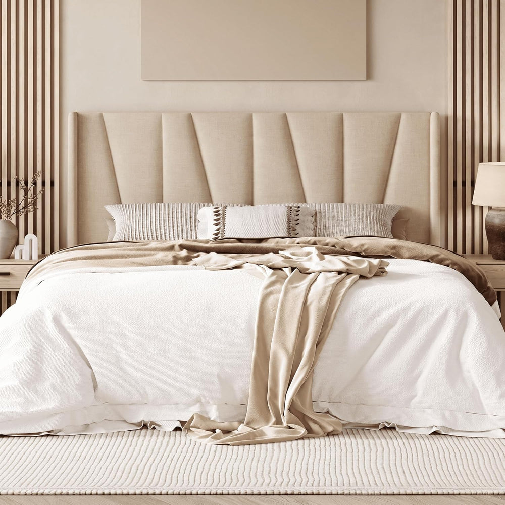 Allewie King Size Platform Linen Bed Frame with Headboard, Beige