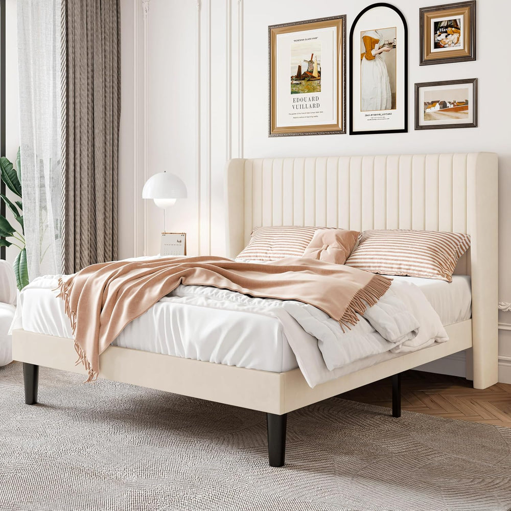SHA CERLIN Full Size Velvet Bed Frame, Tufted Wingback Headboard, Cream