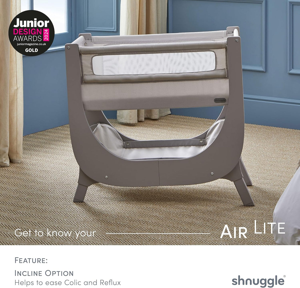 shnuggle bedside sleeper bassinet (air lite) - adjustable showing dimensions