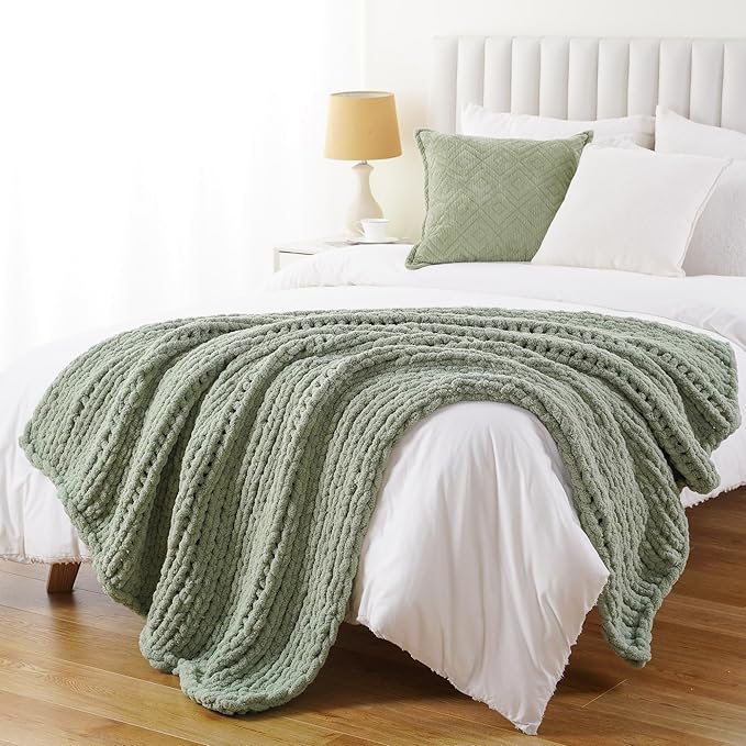 Battilo Sage Green Chunky Knit Throw Blanket, Soft and Thick Chenille Throw - Image 7