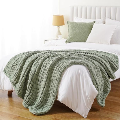 Battilo Sage Green Chunky Knit Throw Blanket, Soft and Thick Chenille Throw - Image 7