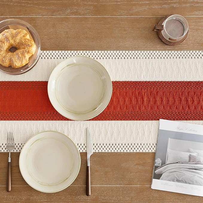 ZeeMart Macrame Style Bicolor Stitching Table Runner, 14 x 90 Inch Orange/Ivory - Image 5