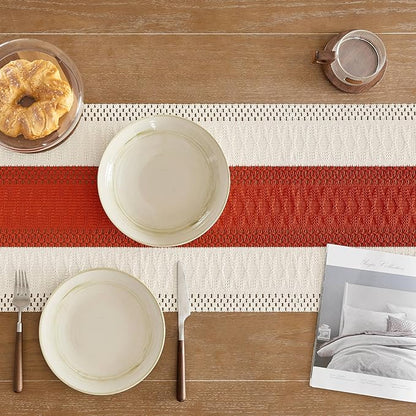 ZeeMart Macrame Style Bicolor Stitching Table Runner, 14 x 90 Inch Orange/Ivory - Image 5