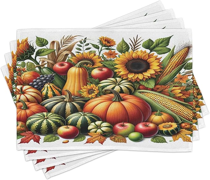 Ambesonne Fall Place Mats Set of 8, Pumpkins Apples and Sunflowers Harvest Time by Ambesonne