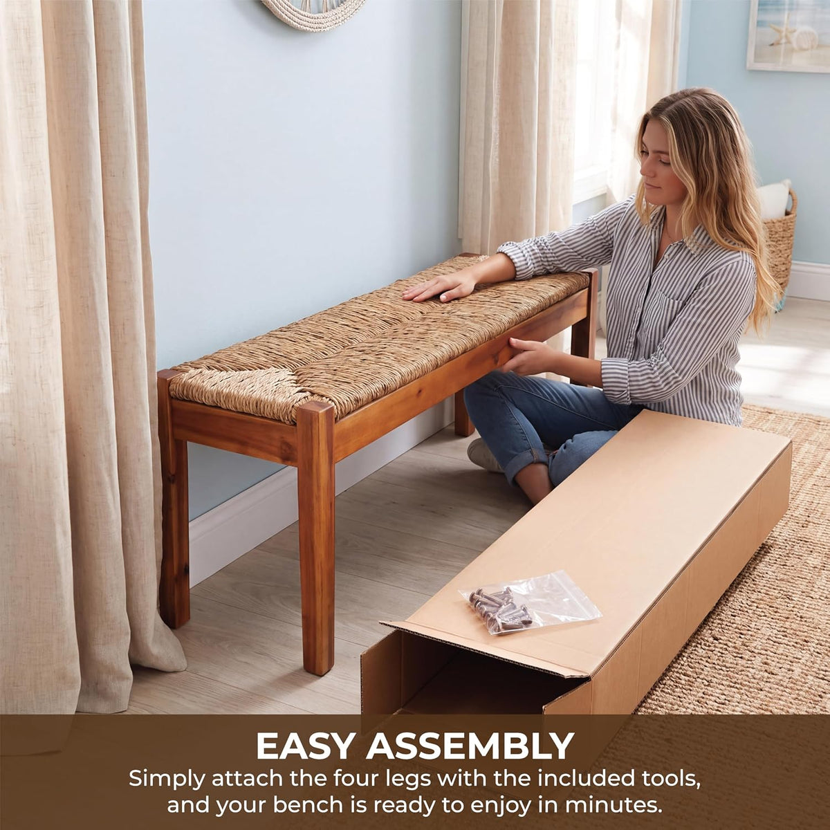 vintage entryway bench, 46 inch acacia wood with, package contents