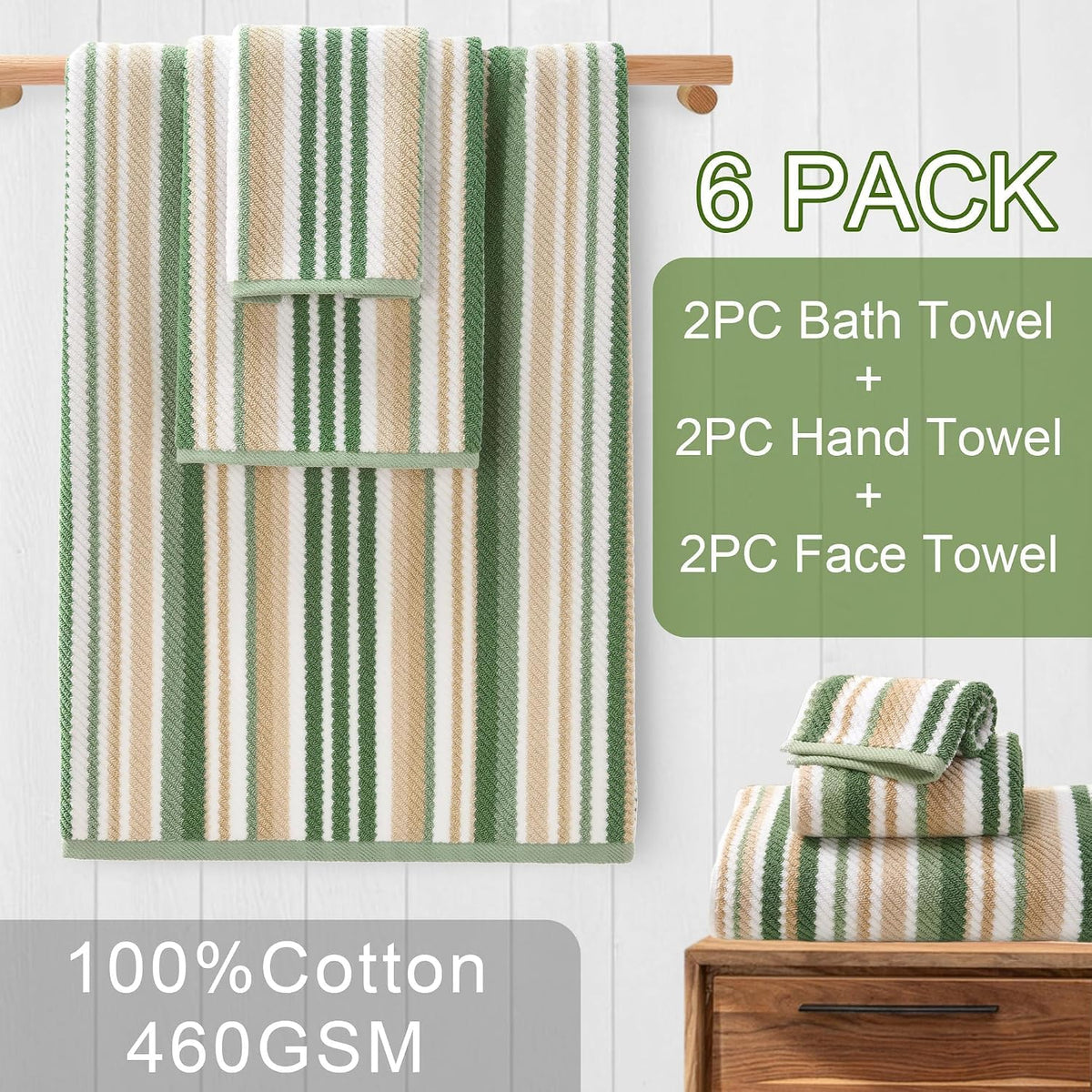 voova & movas sage green striped towels, cotton, close-up detail