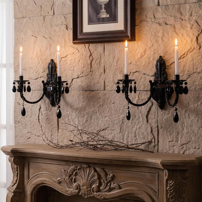 Black Iron Candle Sconces Gothic Wall Candle Holder Set of 2, Handcrafted Wrought Victorian Wall Mounted Candlestick with Acrylic Crystals for Halloween, Bedroom, Living Room, Dining Room