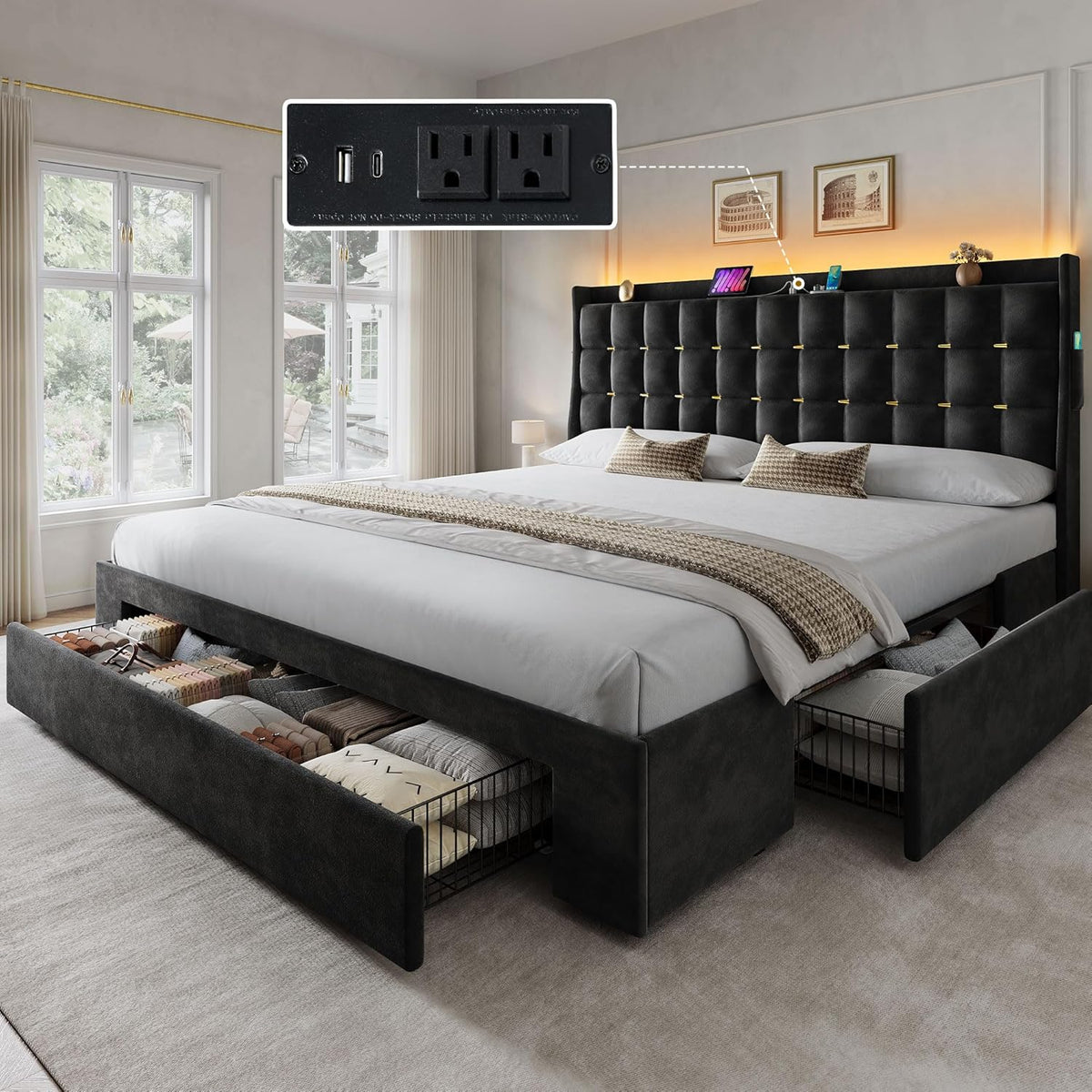 yitahome king size bed frame with 3 storage, main product view