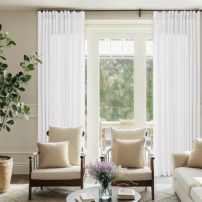 72 Inch Wide 102 Inch Long Sheer White Linen Boho Pleated Curtains - Image 2