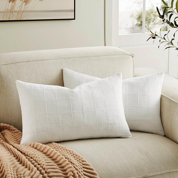 ZeeMart Linen Checked Lumbar Throw Pillow Covers Set of 2, 12x20 Inch by ZEEMARTONLINE