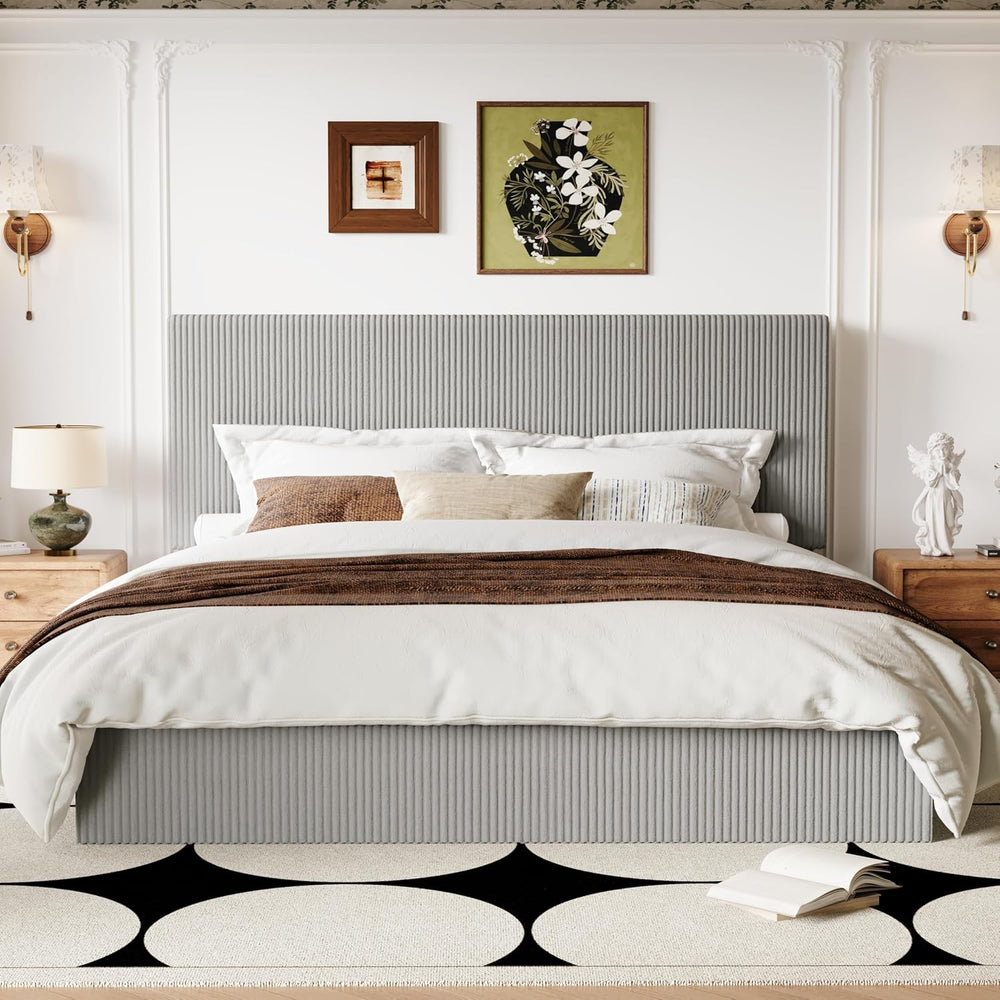 Allewie King Bed Frame, Adjustable Corduroy Headboard, Platform, Grey