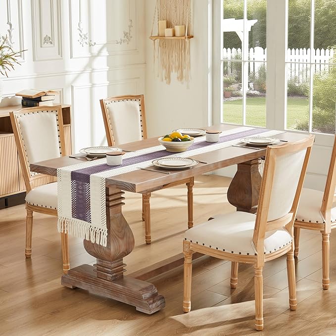 ZeeMart Macrame Style Bicolor Stitching Table Runner, 14 x 60 Inch Purple/Ivory - Image 2